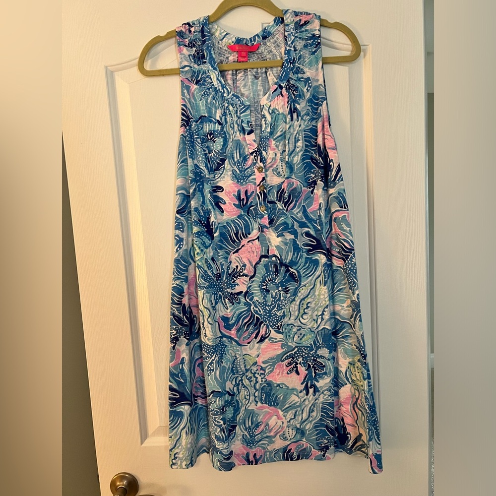 Lilly Pulitzer Essie Dress Saltwater Blue Shade Seekers Smocked Cotton Size XL